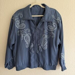 Vintage Bomber Track Jacket 100% Silk Embroidered Lightweight Paisley Western